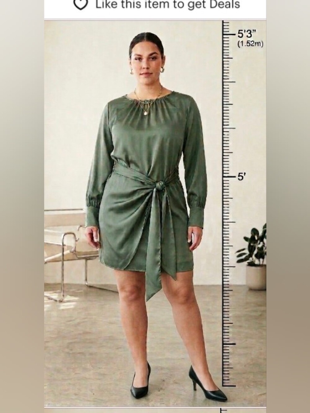 Satin Tie-Waist Long-Sleeve Dress - Faux Wrap - Green Family By Pretty  Garden